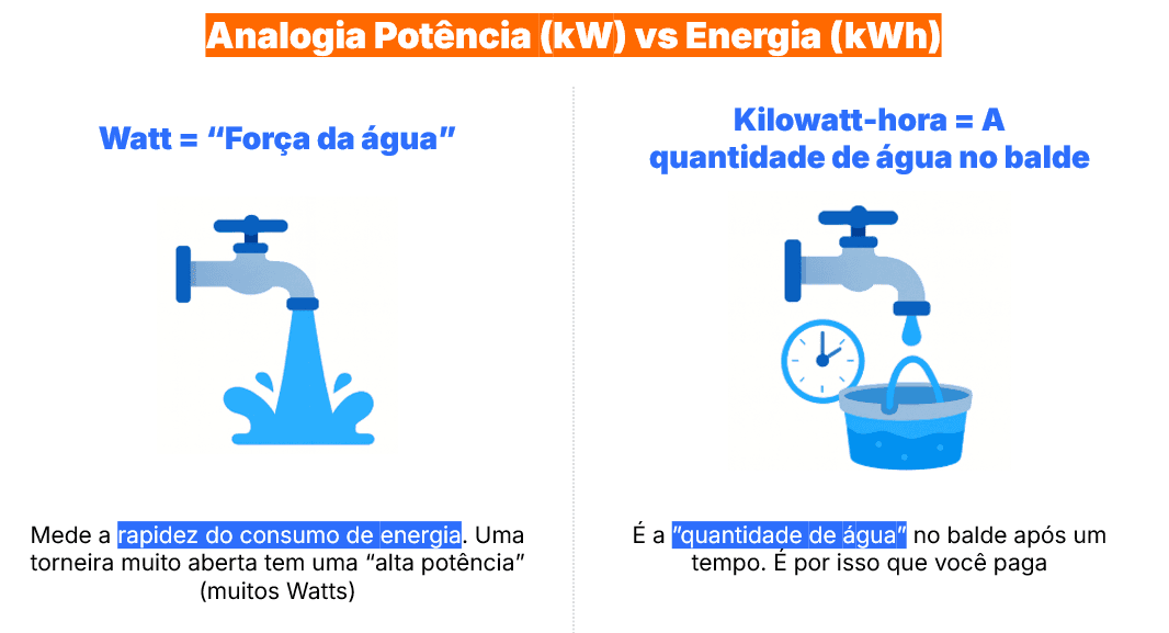 Analogia do balde para explicar watts e kilowatt-hora
